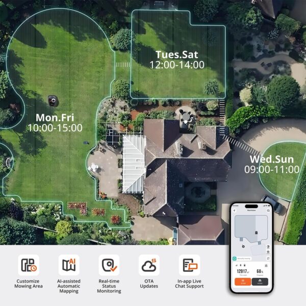 Segway Navimow i110N Robot Lawn Mower Perimeter Wire Free 1/4 Acre RTK+Vision Robotic Lawnmower, AI-Assisted Mapping, Virtual Boundary, APP Control, 58dB(A) Quiet, Multi-Zone Management - Image 5