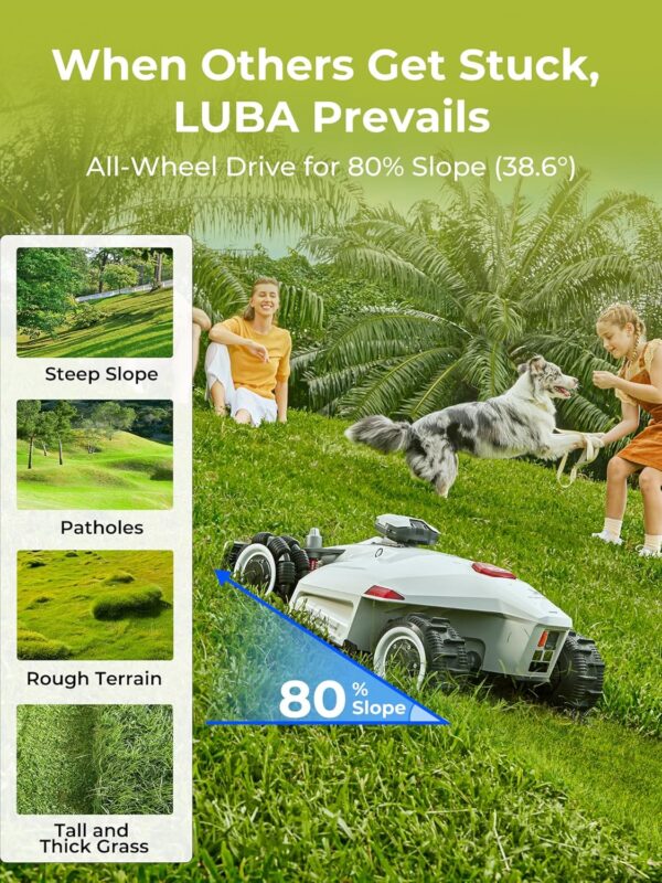 LUBA 2 AWD 5000H Robot Lawn Mower, Perimeter Wire Free Vision Robotic Lawnmower for 1.25 Acres Lawn, Cut Height 2.2"-4.0", 80% Slope, APP Control Compatible with Alexa, All-Wheel Drive, Anti-Theft - Image 6